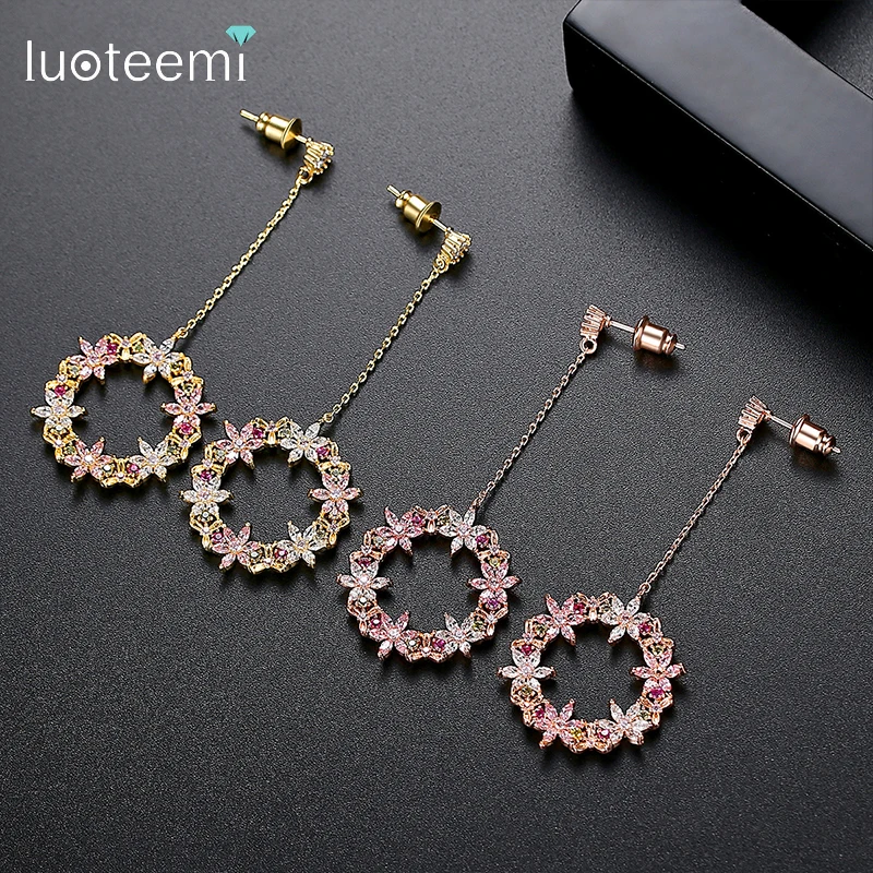 LUOTEEMI Fancy Multiple Flower Long Drop Dangle Earring for Girl Korean Fashion Cubic Zircon Bridal Wedding Christmas Jewelry