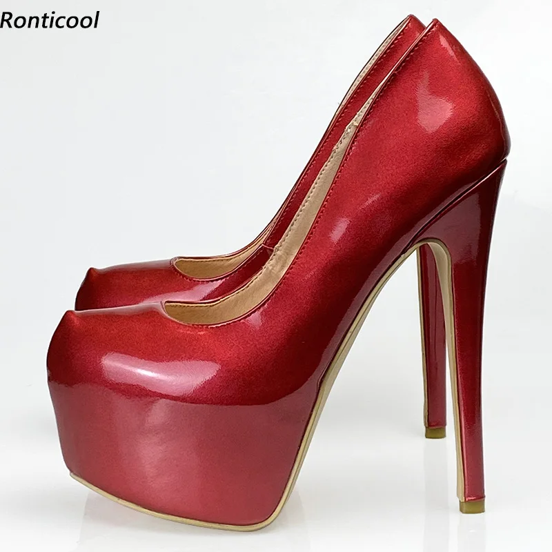 Ronticool New Women Platform Shiny Pumps Stiletto Heels Round Toe Pretty Red  Night Club Wear Heels Shoes US Plus Size 35-52