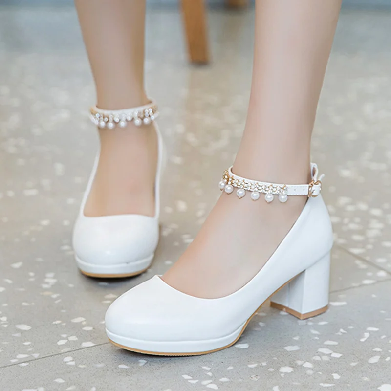 White Women Wedding Shoes Crystal Preal Ankle Strap Bridal Shoes Woman Dress Shoes Sexy Pumps Sweet Party Shoes