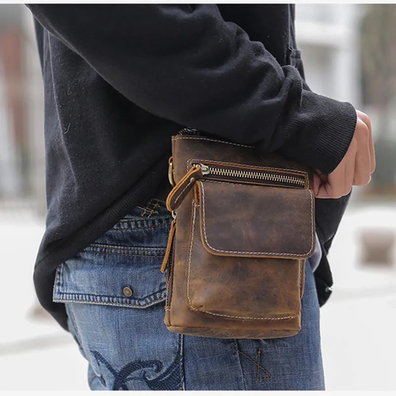 Luufan mężczyźni Vintage skórzana saszetka biodrowa pasek na ramię saszetka na pasek mała skóra Crazy Horse Crossbody saszetka do paska etui na telefon