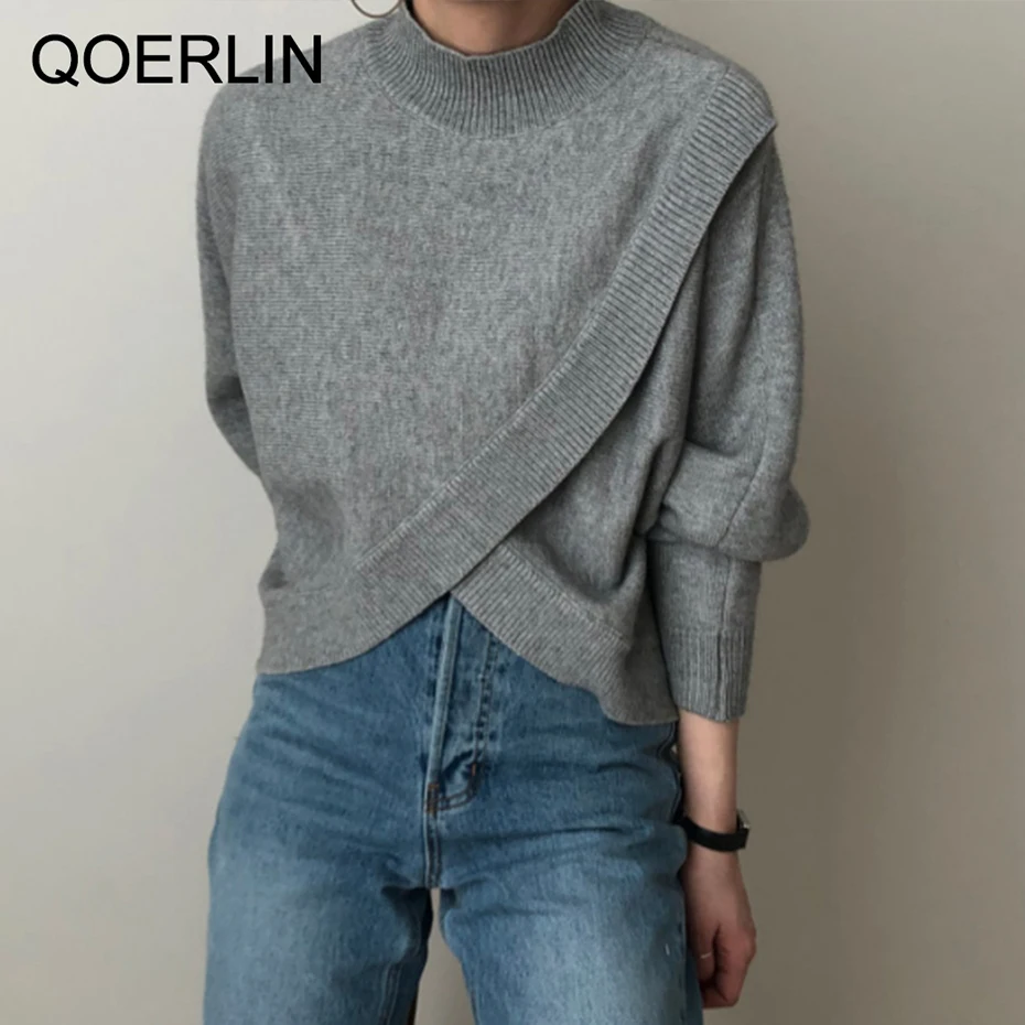 Turtleneck Sweater Women Chic Lantern Sleeve Korean Criss-cross Irregular Pullovers Half Turtleneck Sweater Gray Knitted NewTops