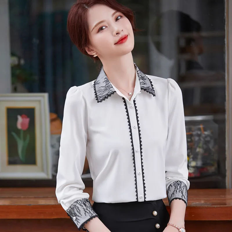 Gray Shirt Women Lace Patchwork Design High End 2022 New Autumn Long Sleeve Formal Acetate Blouses Office Ladies Work Tops