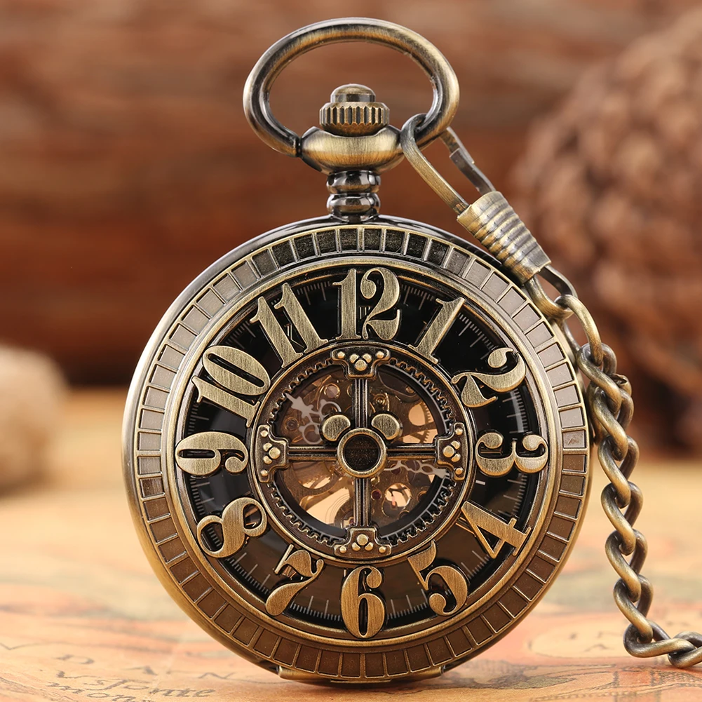 

Hollow Arabic Numerals Bronze Hand Winding Mechanical Pocket Watch Transparent Skeleton Retro Pendant Pocket Manual Timepiece