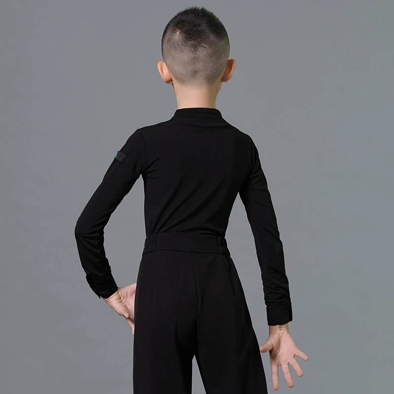 Fashion Latin Dance Costumes For Boys Black Long Sleeve Stitching Velvet Shirts Ballroom Chacha Latin Practice Dance Wear DN7118