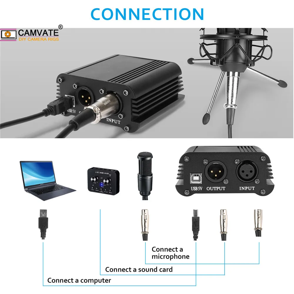 CAMVATE BM 800 Condenser Microphone 48V Phantom Power Supply With Adapter XLR Audio Cable For Music /Audio Recording/Karaok