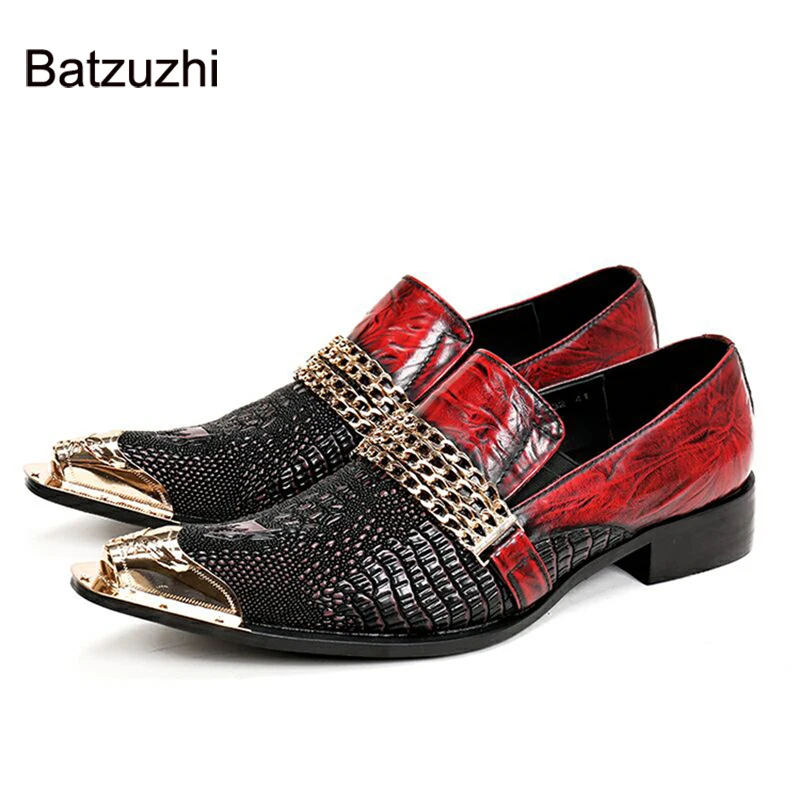 

Batzuzhi Luxury Italian Type Men's Leather Shoes Personality Golden Iron Head Men's shoes Slip on Black Red Party/Wedding Shoes!