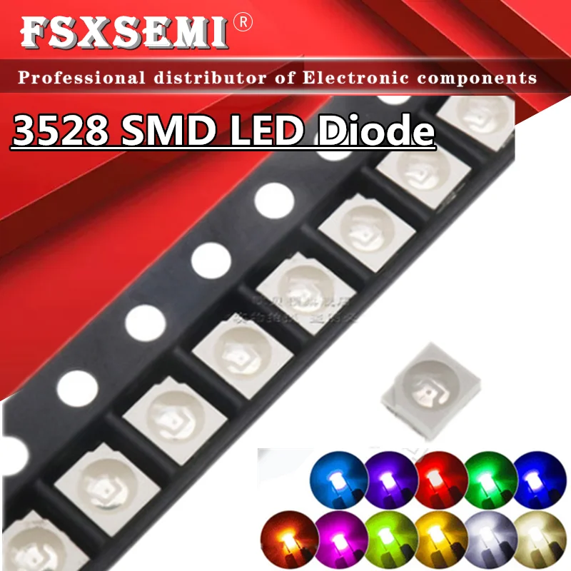 Diodos LED SMD Luz, RGB, Rosa, UV, Branco, Vermelho, Verde, Azul, 3,5x2,8x1,9mm, 1210 3528, 100Pcs