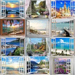 CHENISTORY 5D Full Drill Square Diamond Painting Window Seaside Landscape Embroidery Sale Rhinestones Mosaic Wall Art 40x50cm