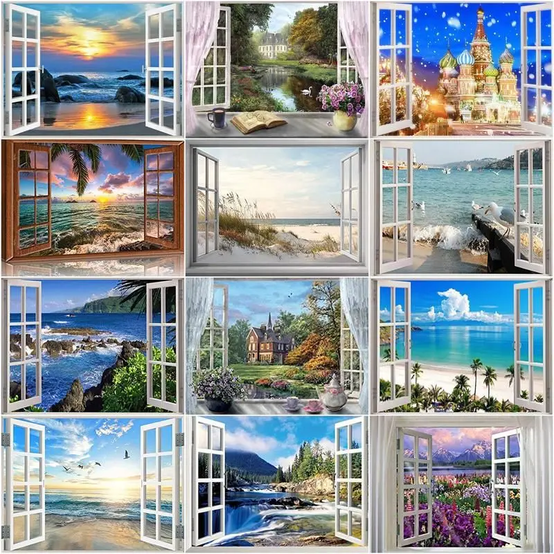 CHENISTORY 5D Full Drill Square Diamond Painting Window Seaside Landscape Embroidery Sale Rhinestones Mosaic Wall Art 40x50cm