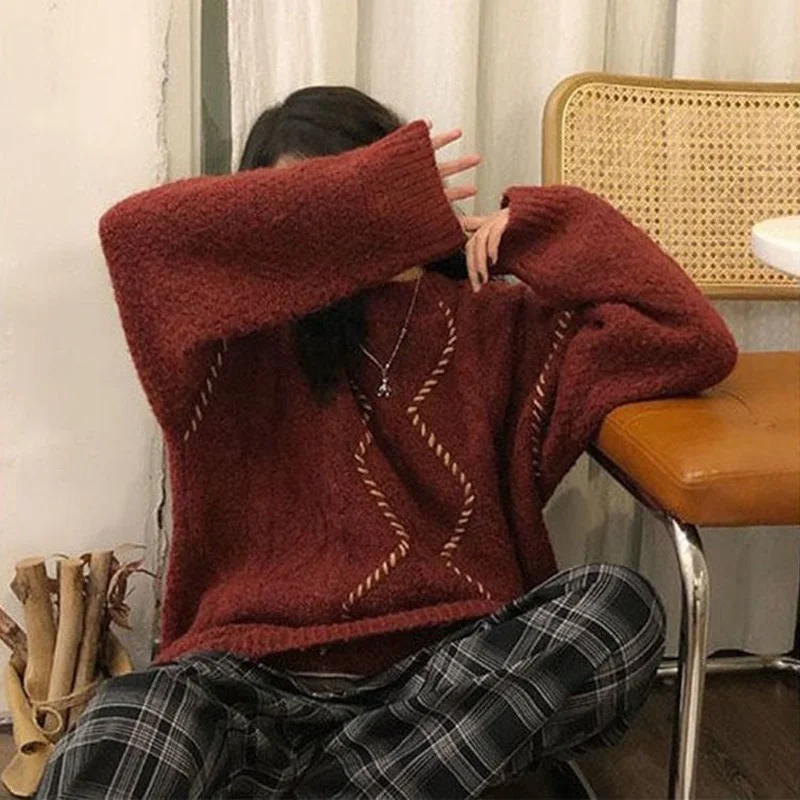 Twisted Sweater Women Christmas Vintage Chic Burgundy All-match Korean Fashion Girls Knitwear Long Sleeve Autumn Lovely Pullover