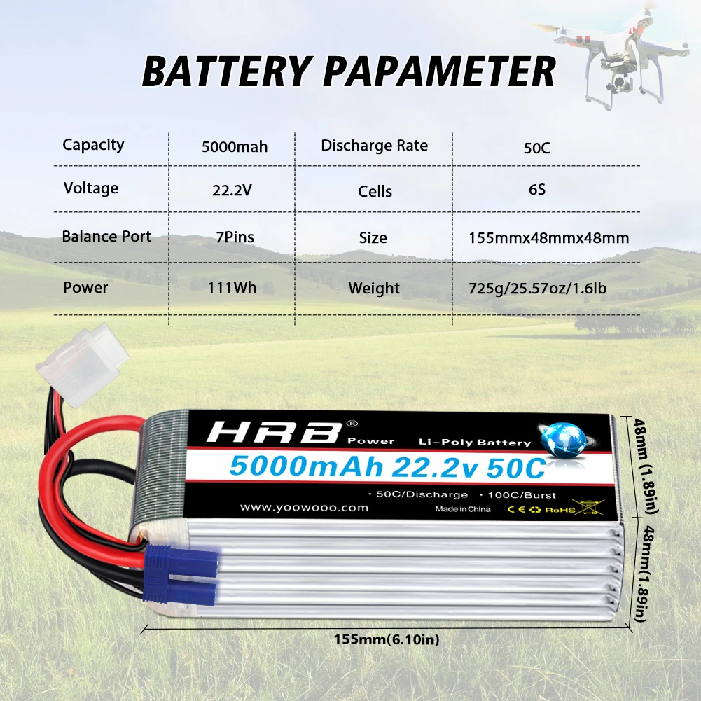 Batterie Lipo 6s 3300mah Lot De 2 Batteries Lipo HRB 6S 22.2V 3300mAh 60C - Connecteur EC5 - Pour Drone, Voiture, Hélicoptère RC