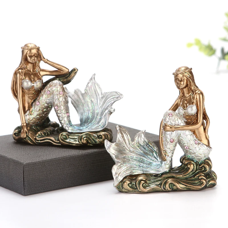 Syrenka z żywicy rysunek Rhinestone Sea Maiden Girl miniaturowa bajka charakter ozdoba wystrój pokoju rzemieślnicze prezent dla dziewczyny