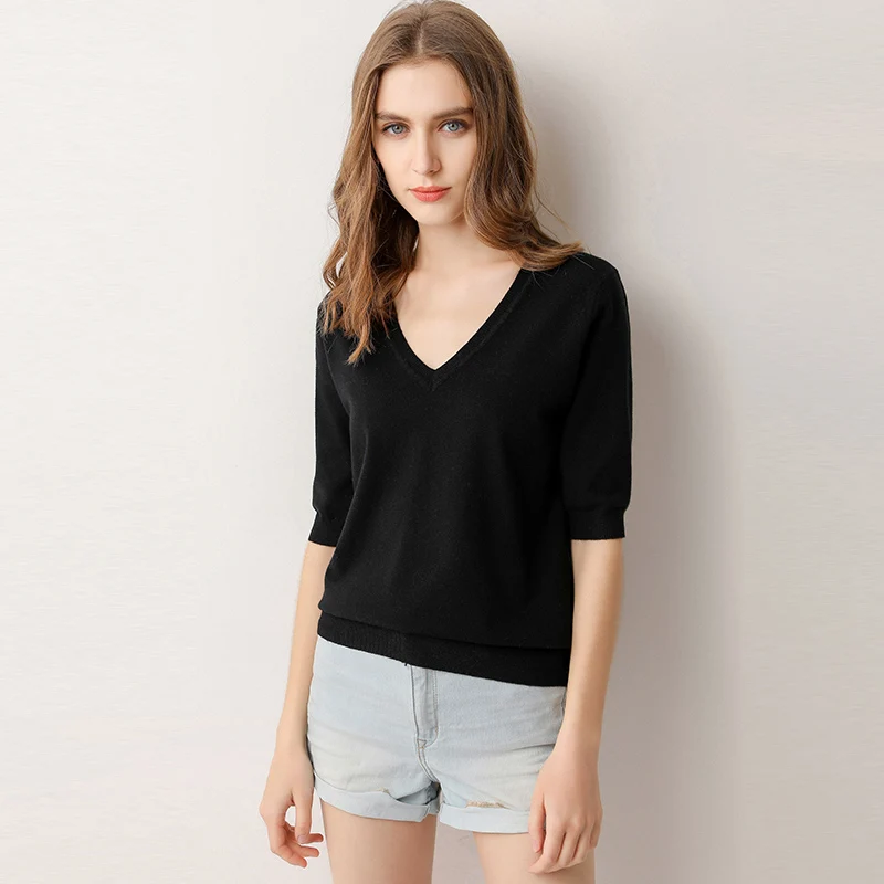 Spring summer new Short sleeve Cashmere sweater women\'s low collar loose v-neck knit bottoming shirt female pullover tops