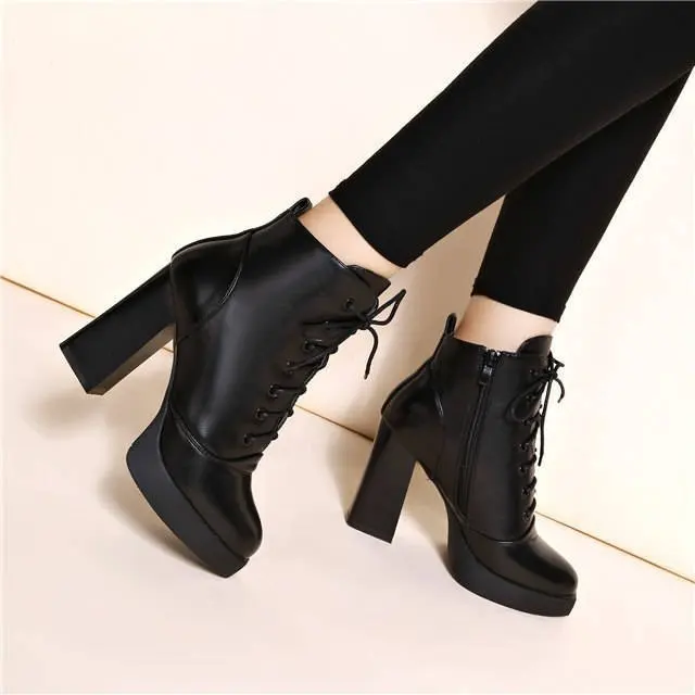 New Women Boots Ankle PU Leather Lace Up Booties High Heels Autumn Shoes Black Winter Boots Add Velvet Keep Warm Pointed Toe