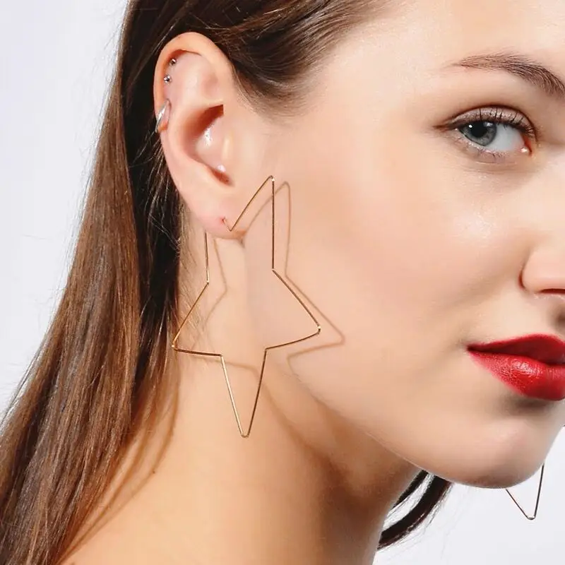 Minimalist Hollow Big Star Heart Fish Shaped Ear Line Stud Earrings for Women Hyperbole Jewelry Pendant Copper Wire Brincos Gift