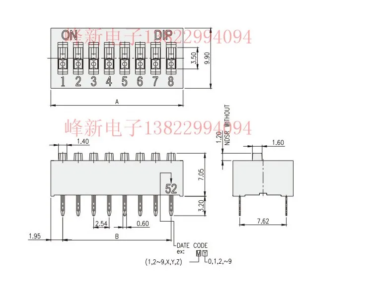 American keyboard dial code switch 8P8 bit flat dial toggle switch code 2.54MM black 208-8