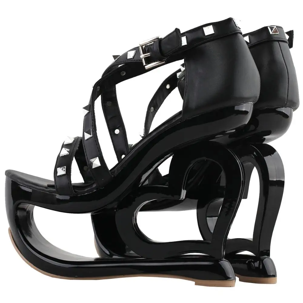 LF40221 SHOW STORY Retro Black Strappy Studs Heart Heel Wedge Evening Platform Sandals