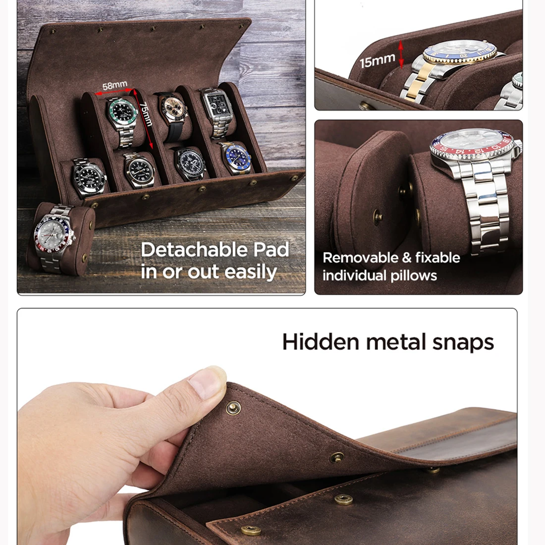 Retro Wristwatch Boxes Handmade Crazy Horse Leather Watch Box Organizer Removable Cushions Luxury Watches Storage Case