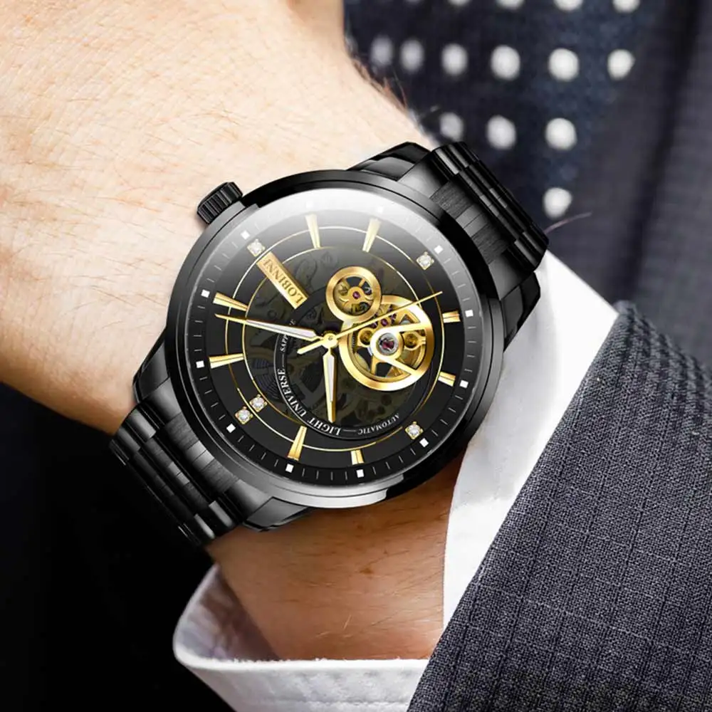 LOBINNI Luxury Men's Mechanical Watch Automatic Self-wind Skeleton Watches Business Leather Original Design montre homme