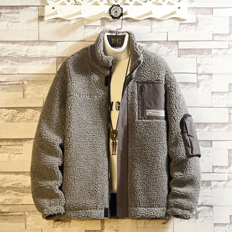 Lamb Wool Men's Coat Autumn Winter Solid Stand Collar Zipper Warm Wind-proof Large Size Casual Fashion Male Quality Parka