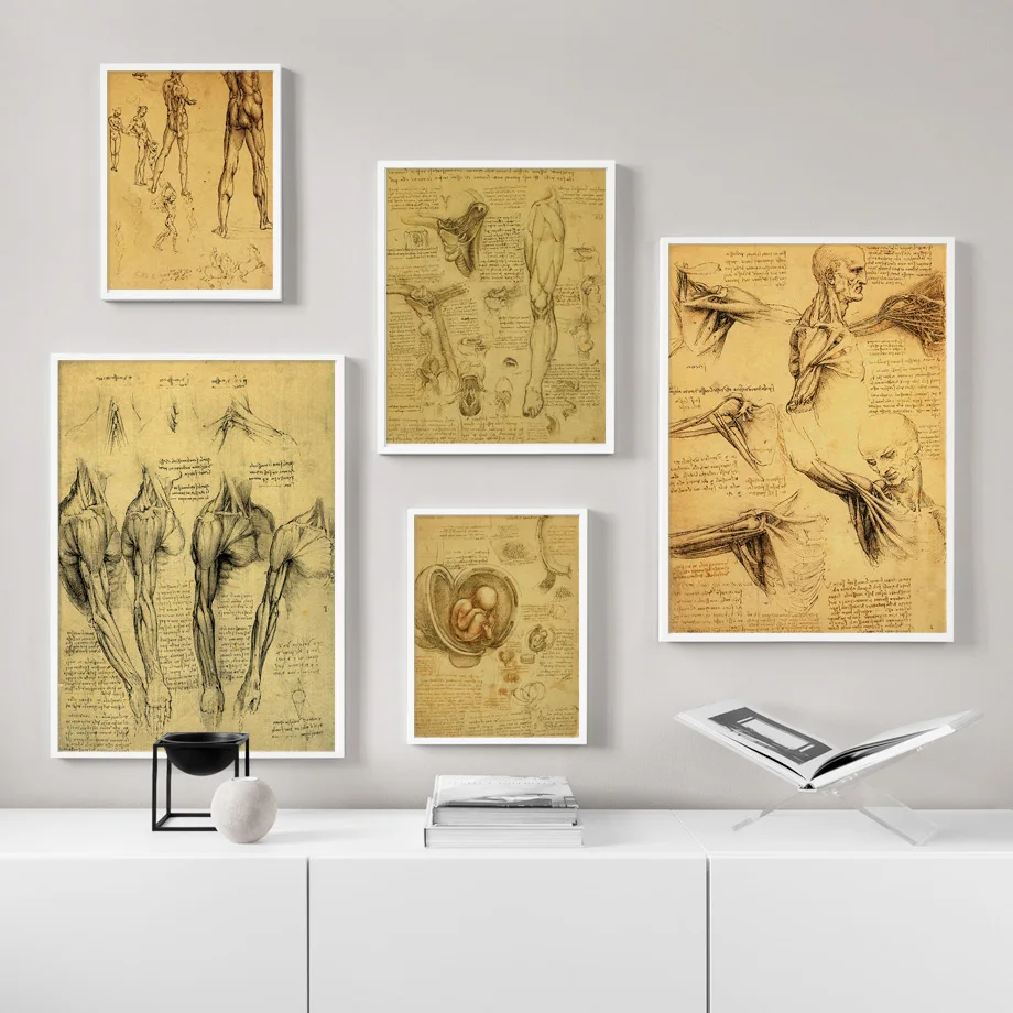 Retro Art Canvas Painting Da Vinci Manuscript Medical Anatomy Nordic Posters And Prints Wall Pictures Hospital Office Home Decor