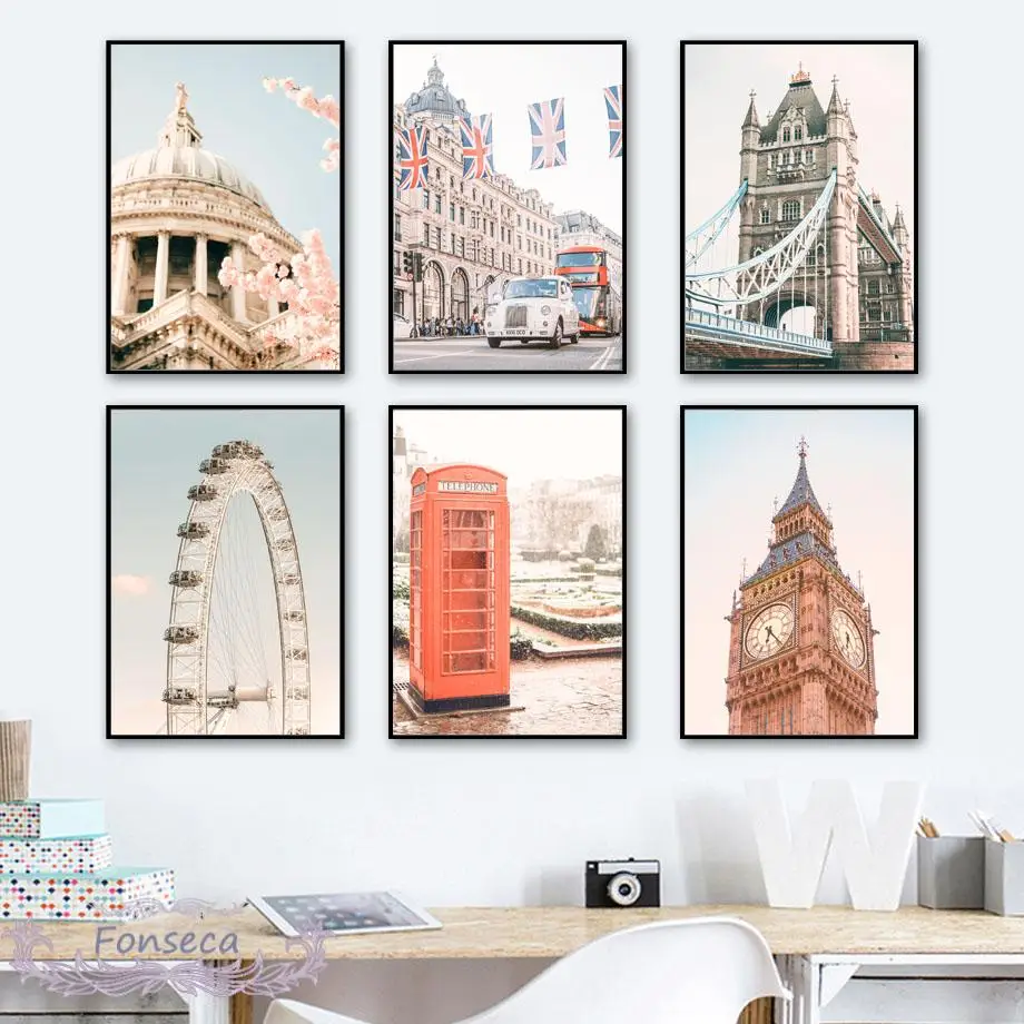 London Big Ben Street Landscape Poster Ferris Wheel Telephone Booth Canvas Painting Romantic Home Decoration Wall Art Pictures