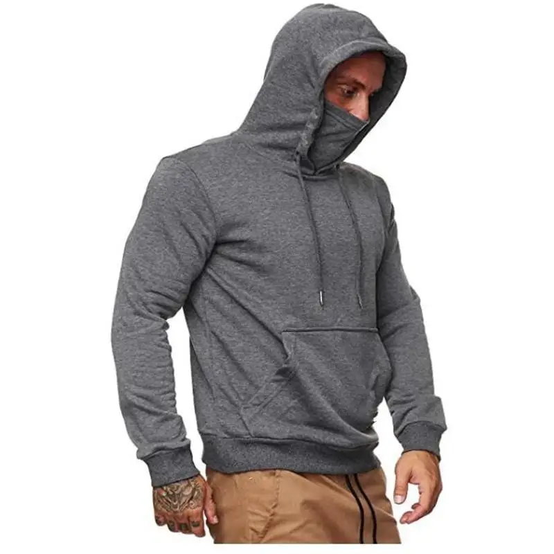 Autumn and winter men's hooded mask sweater solid color foreign trade plus cashmere hooded sweatshirt jacket