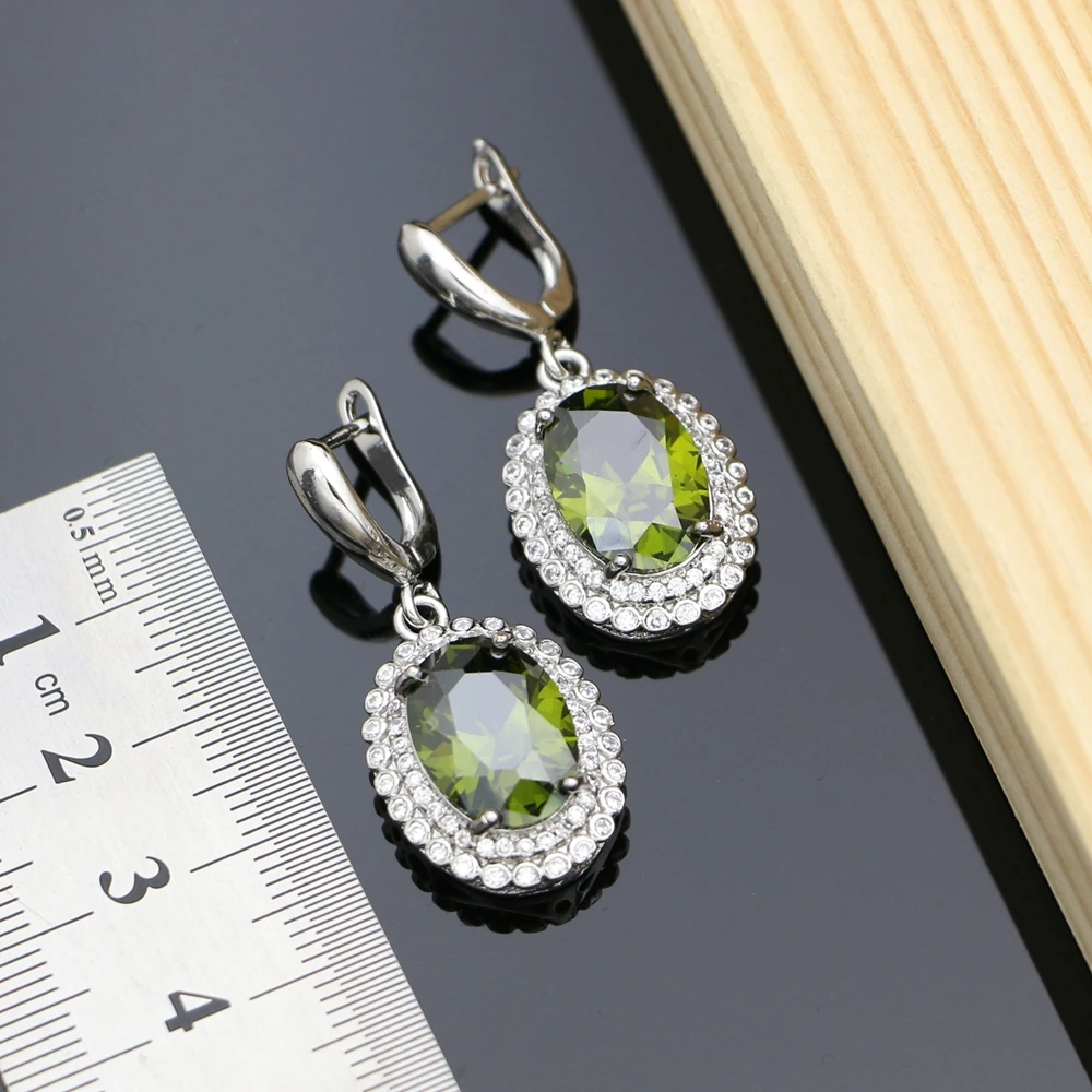 Earrings With Olive Green Stone 925 Sterling Silver Jewelry CZ For Bridal Decoration Earrings Set Dropshipping