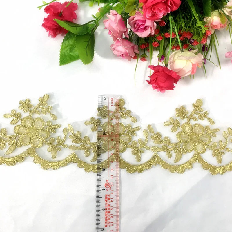 

10 ярдов кружевной тесьмы с золотой вышивкой в виде цветов, нашивки-аппликации для костюмов, отделка для рукоделия и аксессуаров для одежды