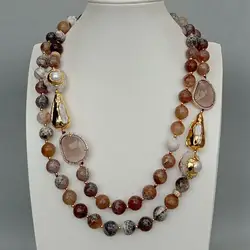 Y·YING 2 Strands 12mm Faceted Round Brown Fire Agates Crystal Pearl Quartz Druzy Choker Necklace 21