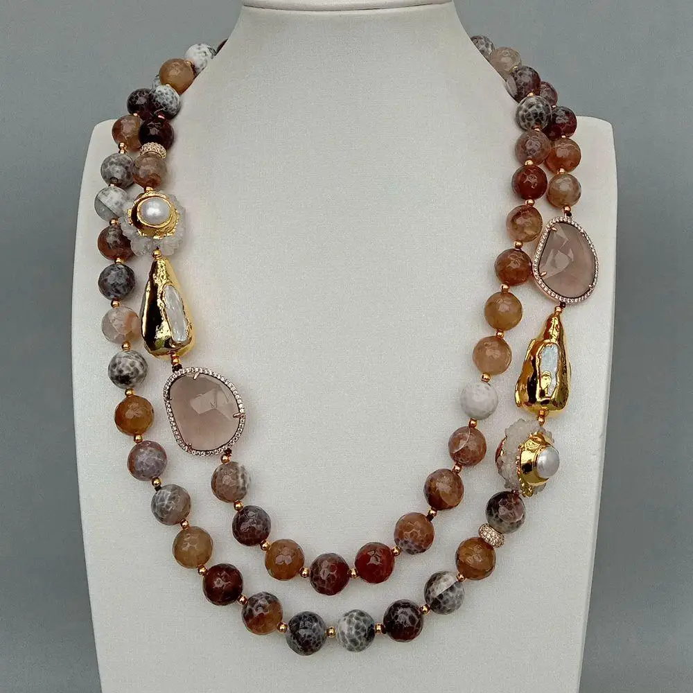 Y·YING 2 Strands 12mm Faceted Round Brown Fire Agates Crystal Pearl Quartz Druzy Choker Necklace 21