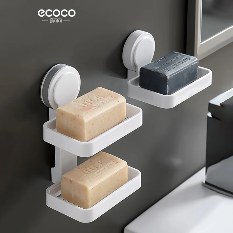 ECOCO Bathroom Suction Cup Soap Dishes Plastic Holders Wall-mounted Double-deck Creative Drainage Soap Storage Double Racks