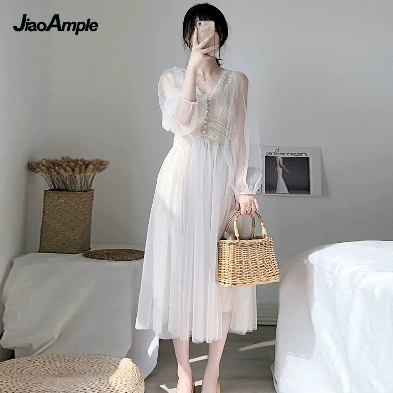 

2023 New Girls Sweet Mesh White Dress Women Fashion Elegant Button A-Line Lace V-neck Gown Spring Summer Puff Sleeve Clothing