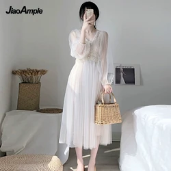2025 New Girls Sweet Mesh White Dress Women Fashion Elegant Button A-Line Lace V-neck Gown Spring Summer Puff Sleeve Clothing