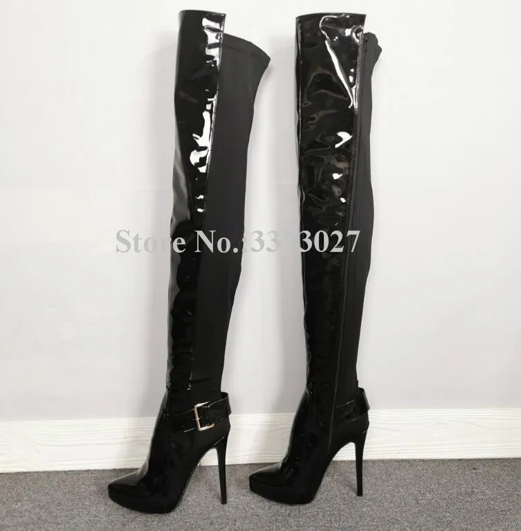 New Black Patchwork Platform Long Boots Women Sexy Buckle Strap Stiletto Heel Over the Knee Boots Lady Real Photos Banquet Shoes