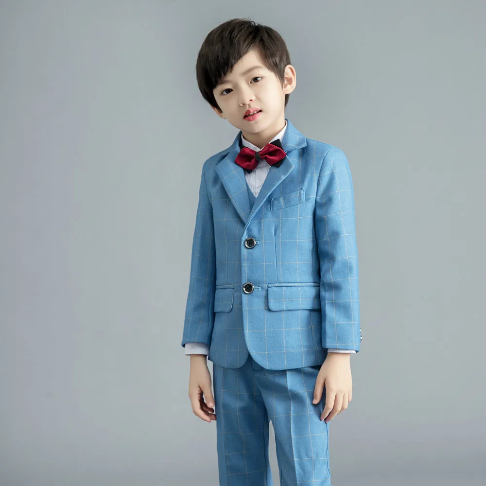 Blue Check Custom Made Sedikit Anak Laki-laki Setelan Celana 2 Buah Set Tuksedo untuk Pernikahan Makan Malam Anak Tuxedo