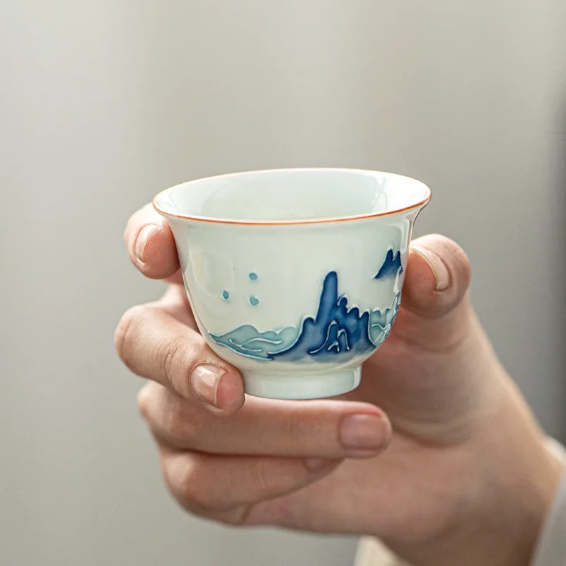 Hand-painted Kung Fu Tea Cup, Household Single Cup Tea Cup, Handmade Ceramic Tea Bowl, Embossed Celadon, NO.YZ74