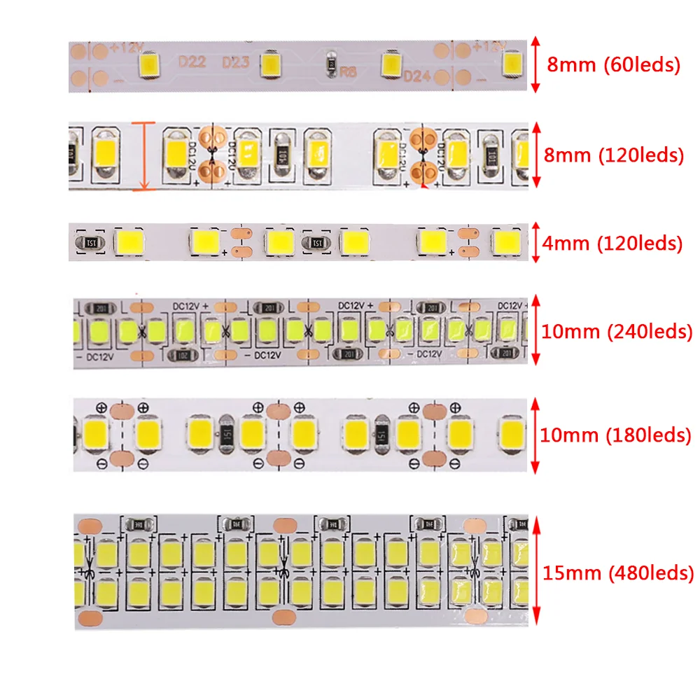 Tira de luces LED Flexible para decoración de habitación, cinta de diodo resistente al agua IP65 de 5M, 12V, 2835 LED, 60/120/240 LED/M, blanco