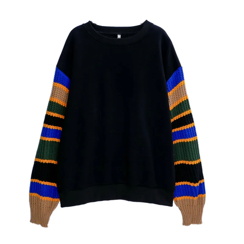 

2022 New Sweatshirts Women's Autumn Winter Thick Knitted-Sleeves Splicing O-Collar High Quality Bottoming Shirt Loose Tops KW449