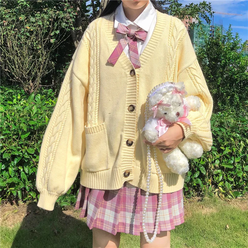 Japanese Sweet Girls JK Cardigan Loose Knitted Twist Sweater Coat Student School Uniform Women Fashion Double Pockets Knitwear