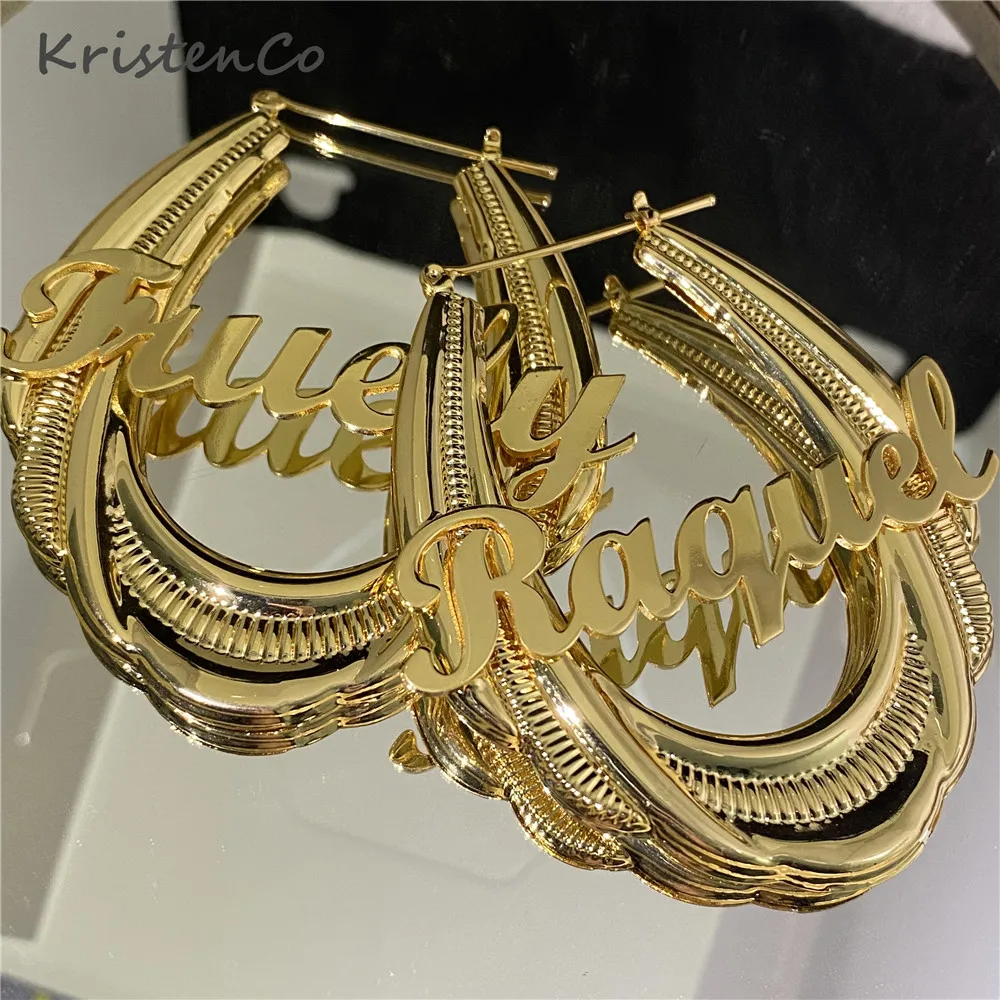 KristenCo 65mm Stainless Steel Bamboo Hoop Earrings Customized Name Earrings Bamboo Style Custom Earrings for Women Gift