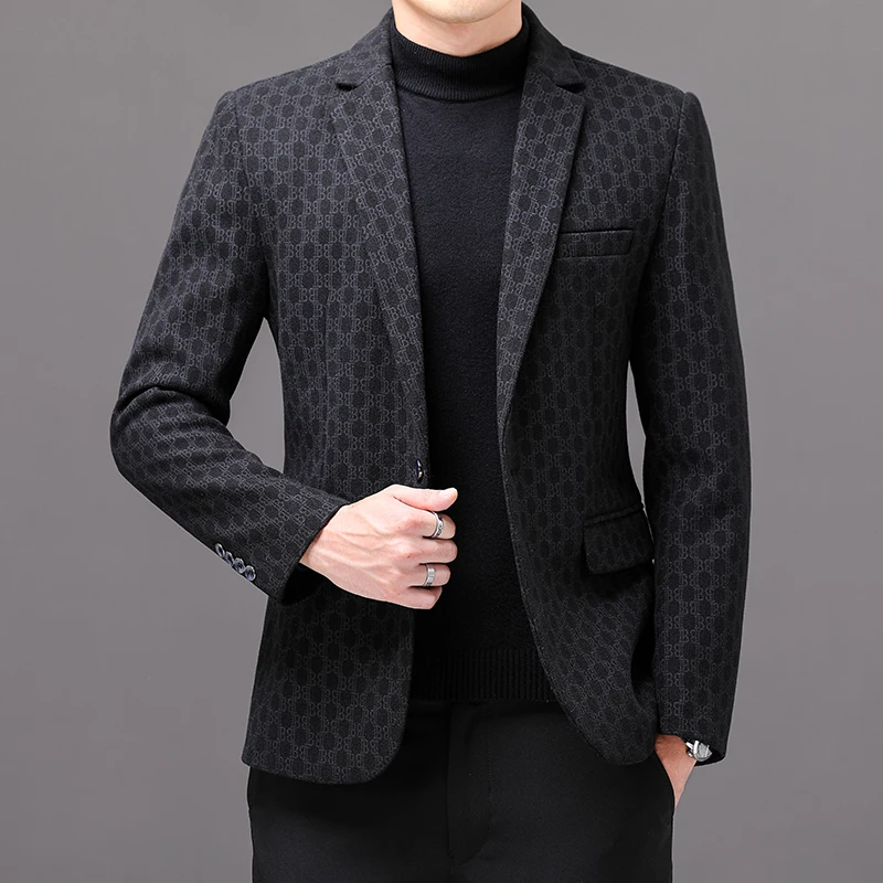 Blazers xadrez slim fit masculino, jaqueta casual para negócios, casaco de casamento coreano, vestido social e de escritório, roupa de rua, novo,