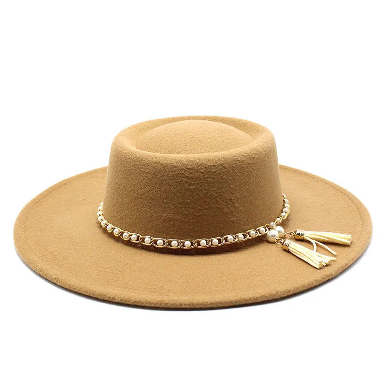 Summer Simple Dome Solid Color Wool Felt Jazz Fedora Hats with Pearl Chain Men Women Wide Brim Panama Trilby Cap Autumn winter