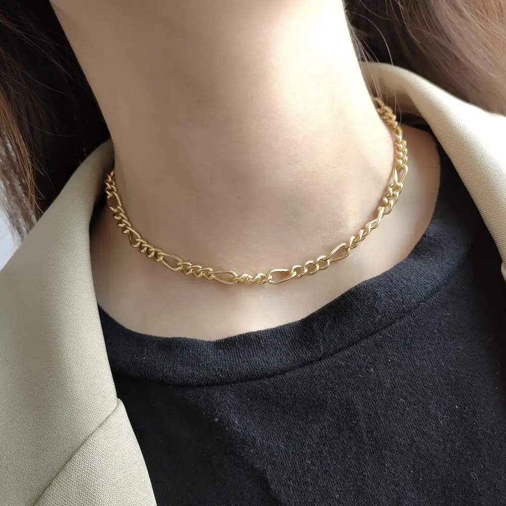 

18K Gold Plated Women's Authentic 925 Sterling silver Figaro Chain Chunky Necklace Short Choker Necklaces Wild TLX470