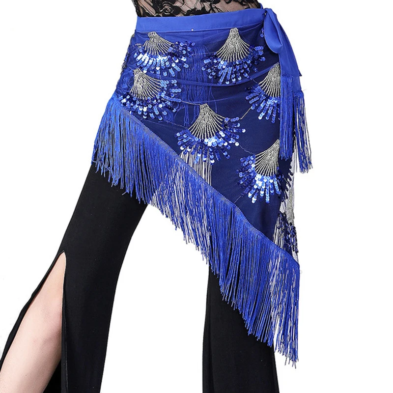 Class Wear Belly Dance Clothes Black Mesh Base Long Fringes Triangle Sequins Belt Bellydannce Hip Scarf for Gilrs