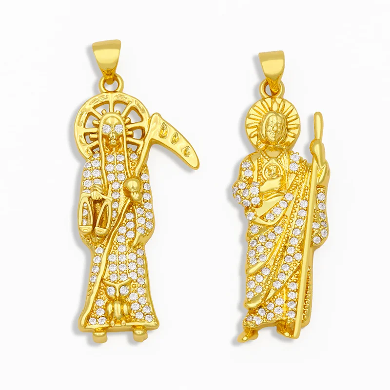 OCESRIO Paved CZ Gold Holy Death Santa Muerte San Judas Tadeo Pendant Charms for Jewelry Making Supplies Wholesale pdta228