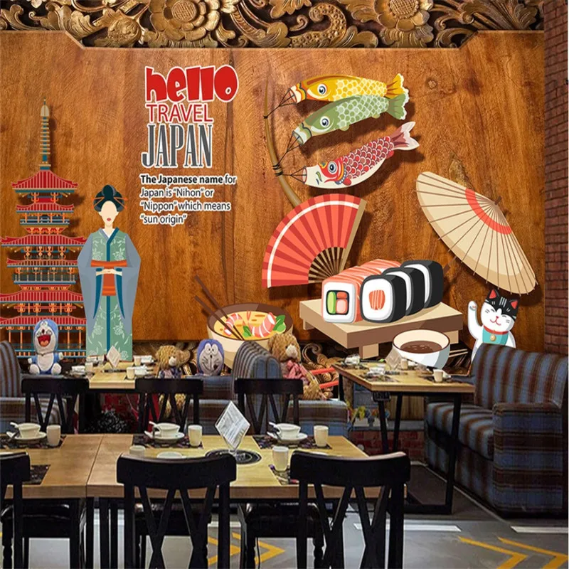 

Japanese Characteristic Culture 3D Brown Wood Board Wall Paper Catering Sushi Restaurant Industrial Decor Mural Wallpaper 3D