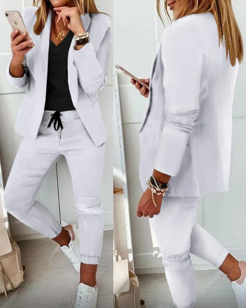 Casual Suit Two Pieces for Women Simple Fashion Set Autumn Female Turndown Collar Single Breasted Solid Blazer and Pants Set