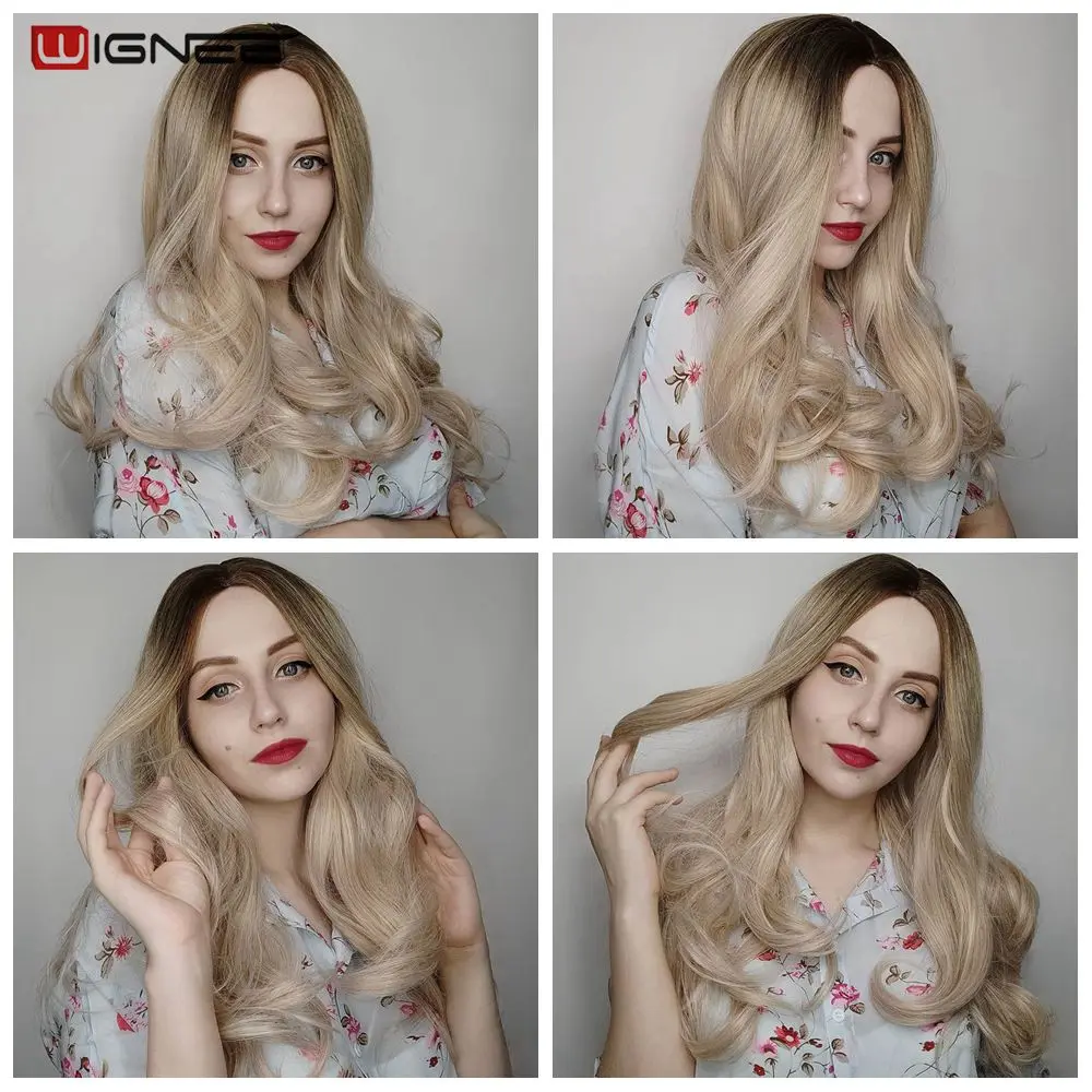 Wignee Lange Synthetische Pruiken 2 Tone Ombre Bruin Ash Blonde Hittebestendige Voor Vrouwen Lijmloze Golvend Dagelijks/Cosplay Natuurlijke haar Pruiken