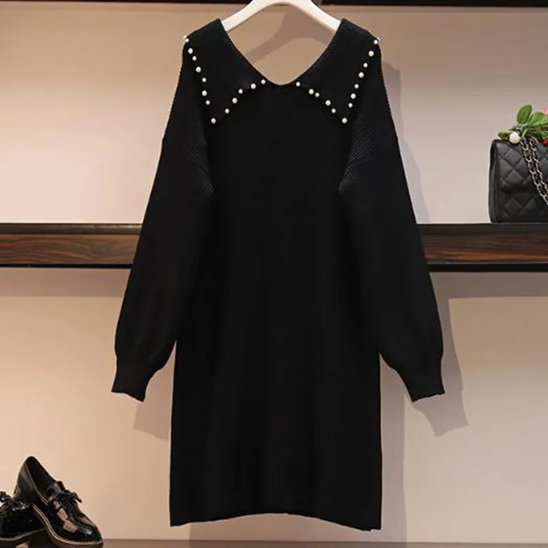 Long Sleeve 3XL Plus Size Loose Dress 2020 New Spring Beading Casual Large Size Mini Dress